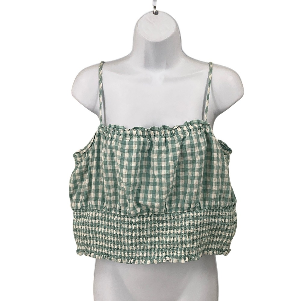 American Eagle Cami Tank Women XL Green Linen Gingham Smocked Cropped Boho